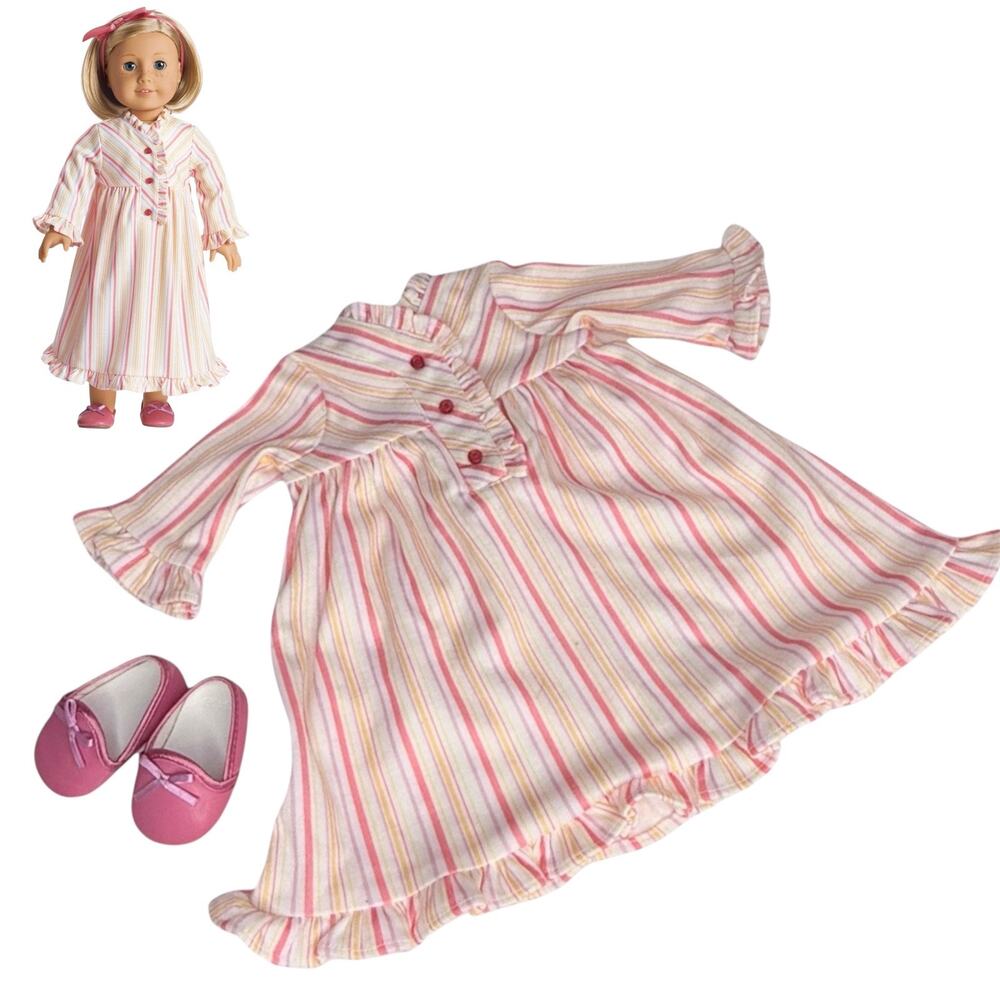 American Girl Kit Pajamas Striped Nightie & Slippers Nightgown Pjs Dress Shoes